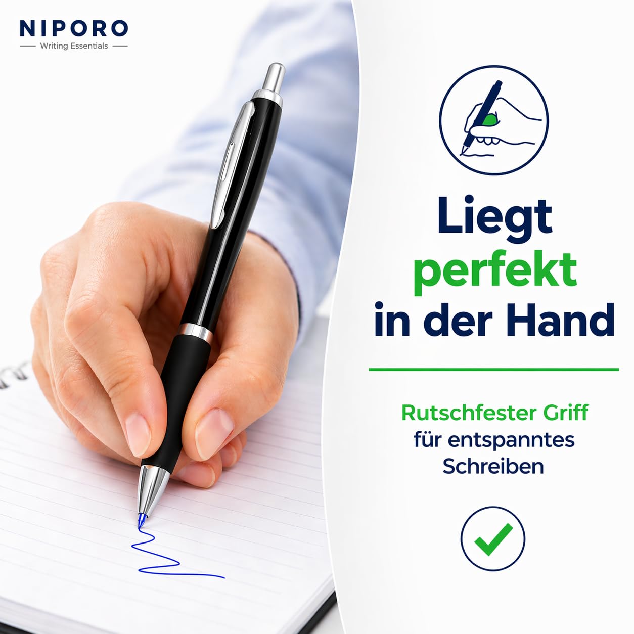 100 Kugelschreiber Blau oder Schwarz – alle mit blauer Tinte - Kugelschreiber Set weich schreibend, gleichmäßiger Tintenfluss, Soft-Grip – Vorratspack für Büro, Schule und Teams (100, Schwarz)