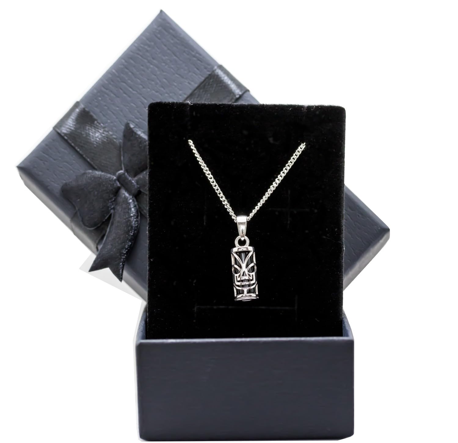 Collier 50cm | petit tiki | en argent massif 925 rhodié | pendentif et chaine avec boite | cadeau homme | Amulette tahitienne porte bonheur