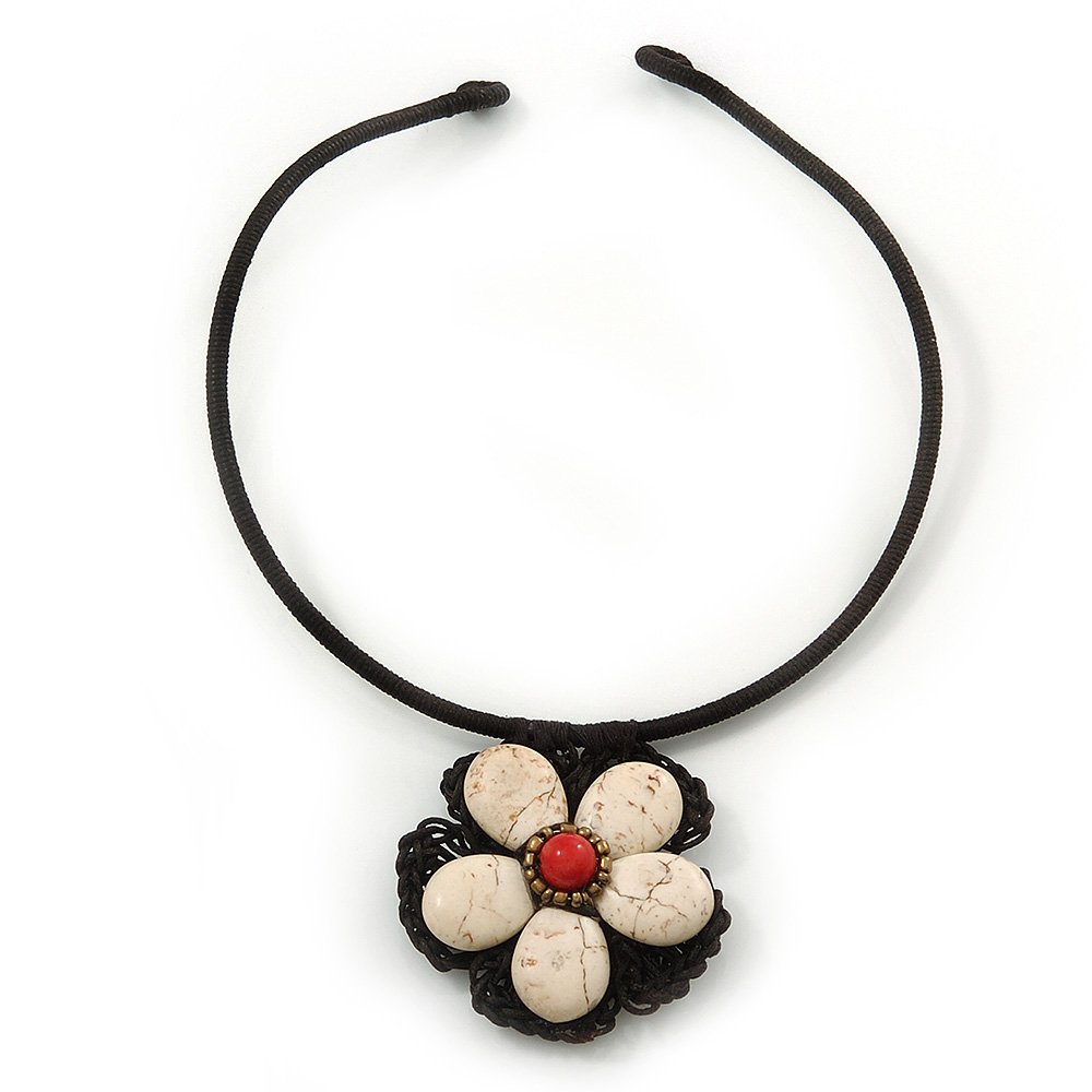 Collier ras du cou céramique blanche fleur ajustable pendentif verre