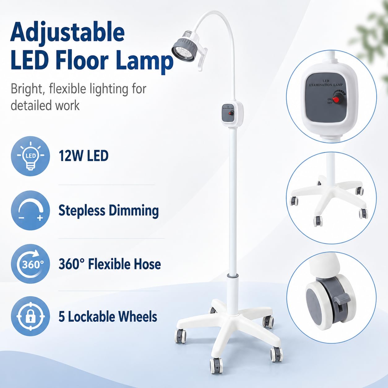 Lampa LED do badań chirurgicznych, 12 W, z 7 koralikami, 7500 luksów, przenośna lampa do ginekologii i kologii, długość drążka 80 cm, z 5 kółkami do klinik dentystycznych