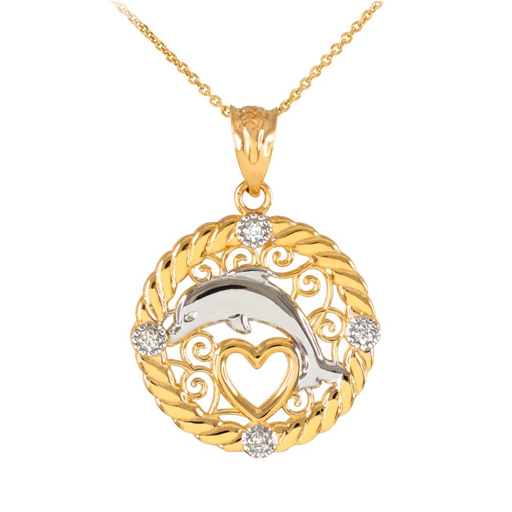 Sea Life Collection 10k Yellow Gold Diamond Roped Filigree Charm Dolphin Open Heart Pendant Necklace