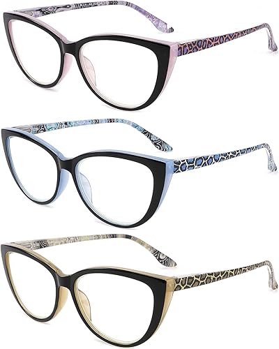 CRGATV Paquete de 3 lentes de lectura con bloqueo de luz azul, para mujer, diseño elegante de ojo de gato, antifatiga ocular y deslumbramiento, +1.5