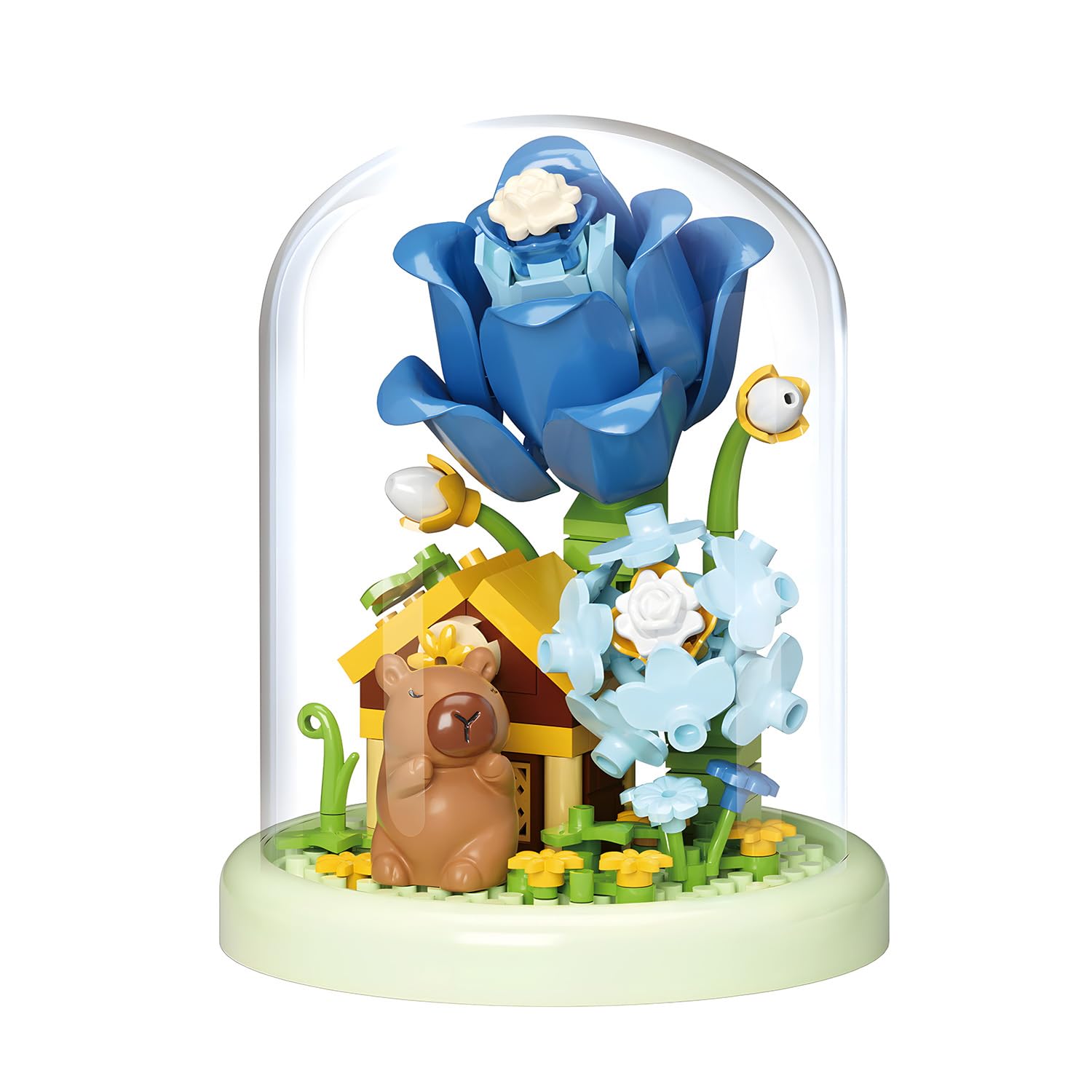 Capybara Building Blocks Set, Fairy-tale Flower Mini Bricks with Dust Cover and Bas, Cute Capybara Gifts for Boys and Girls, Creative DIY Construction Toy for Stress Relief & House Decor