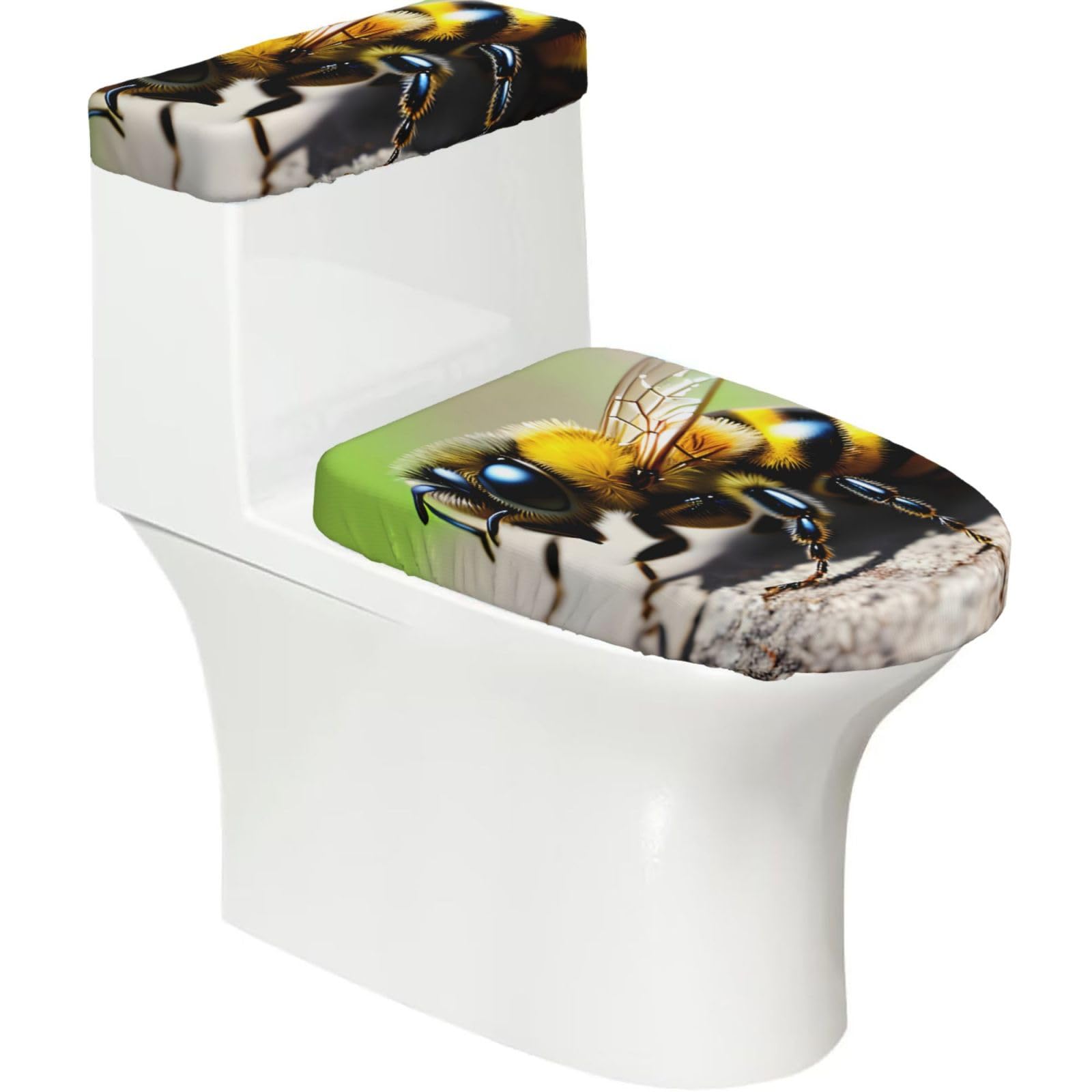 Cntdbu Black Cute Little Bee Stretchy Toilet Lid And Tank Cover Set-Soft Elastic Bathroom Decor For U Shape Oval