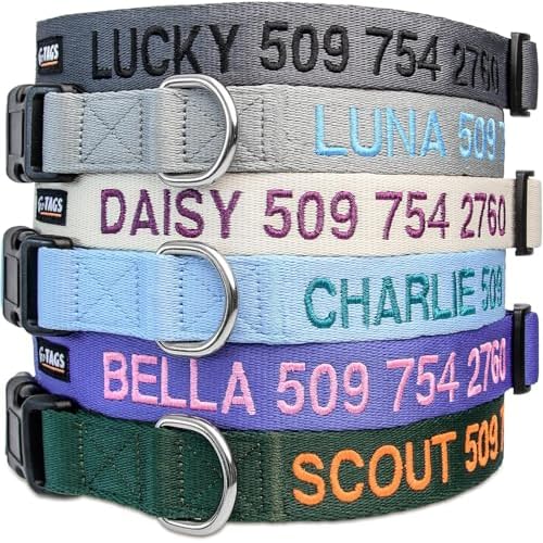 GoTags Personalized Dog Collar, Custom Embroidered Pet ID Dog Collar with Pet Name and Phone Number, Adjustable with Quick Release Snap Buckle