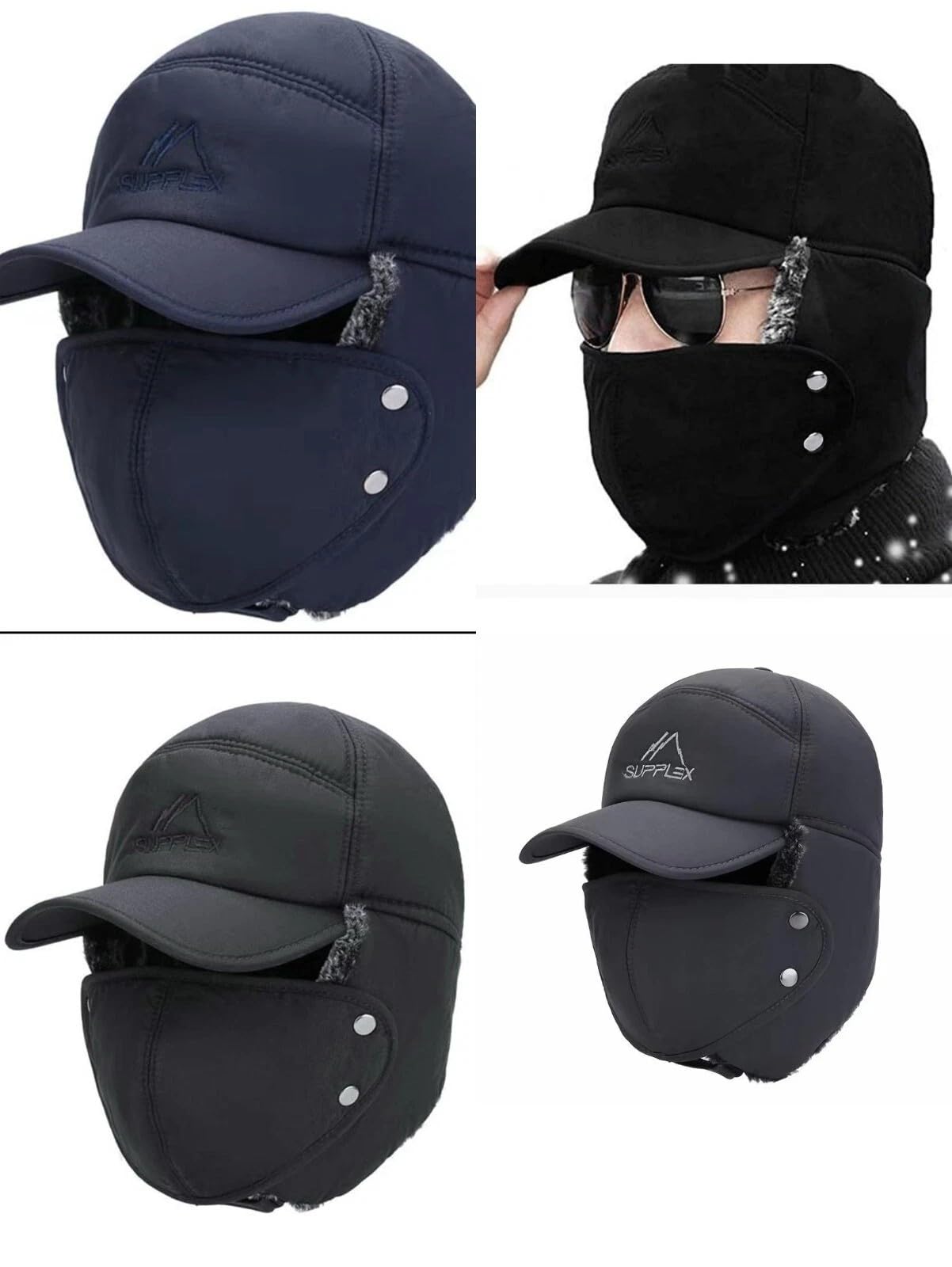 CB4 Accessories Winter Bomber Hat, Trapper Style with Face Mask, Fur Lined, Black