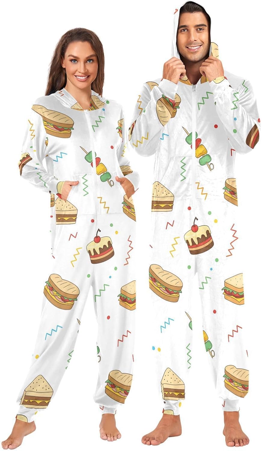 Adult Onesie Pajamas for Women Men Food Pattern with Sandwiches Costume Hooded Sleepwear Homewear