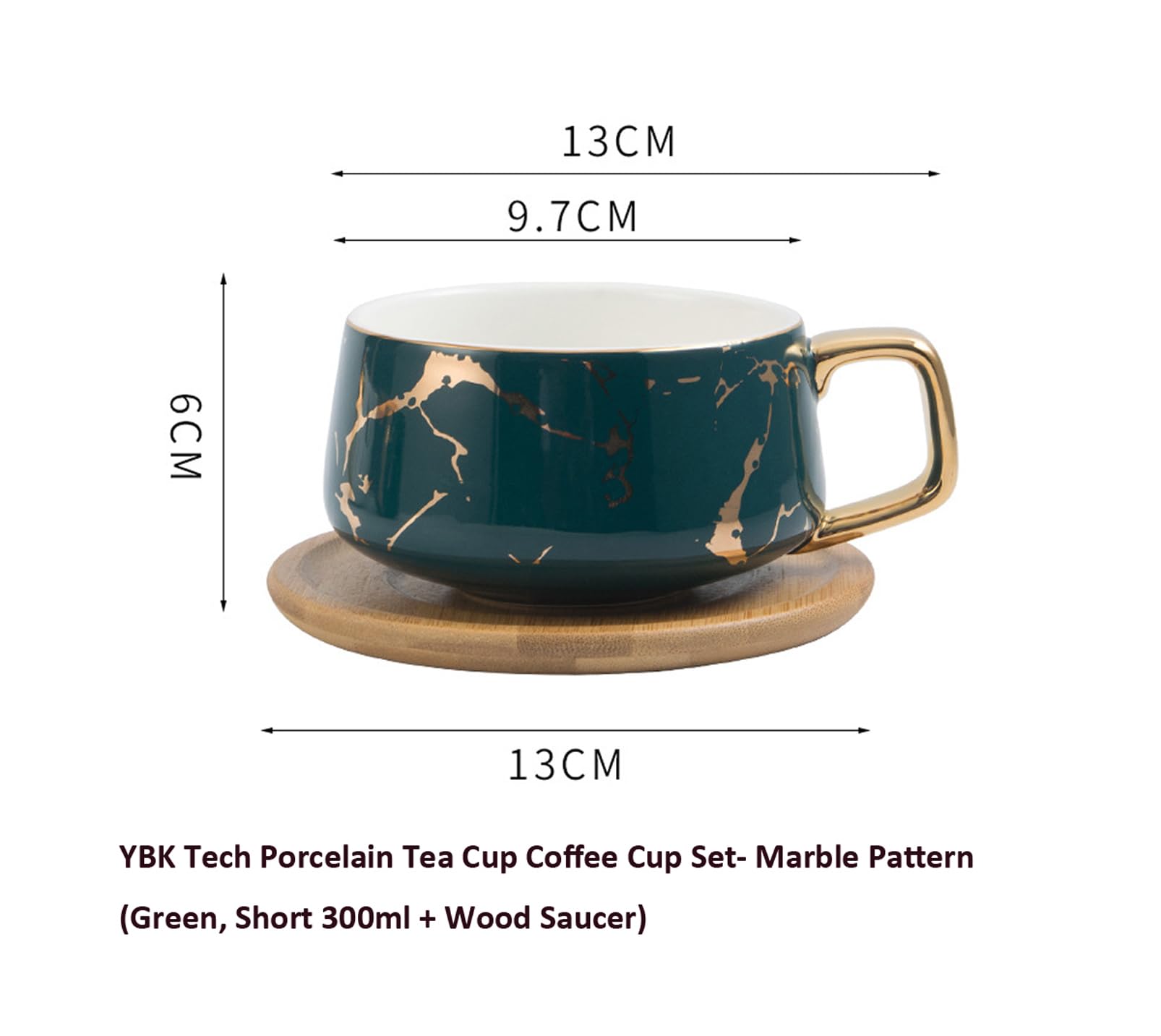 Set di Tazze da tè e caffè in Porcellana per Il pomeriggio - Motivo in Marmo (Verde, Corto 300 ml + piattino)