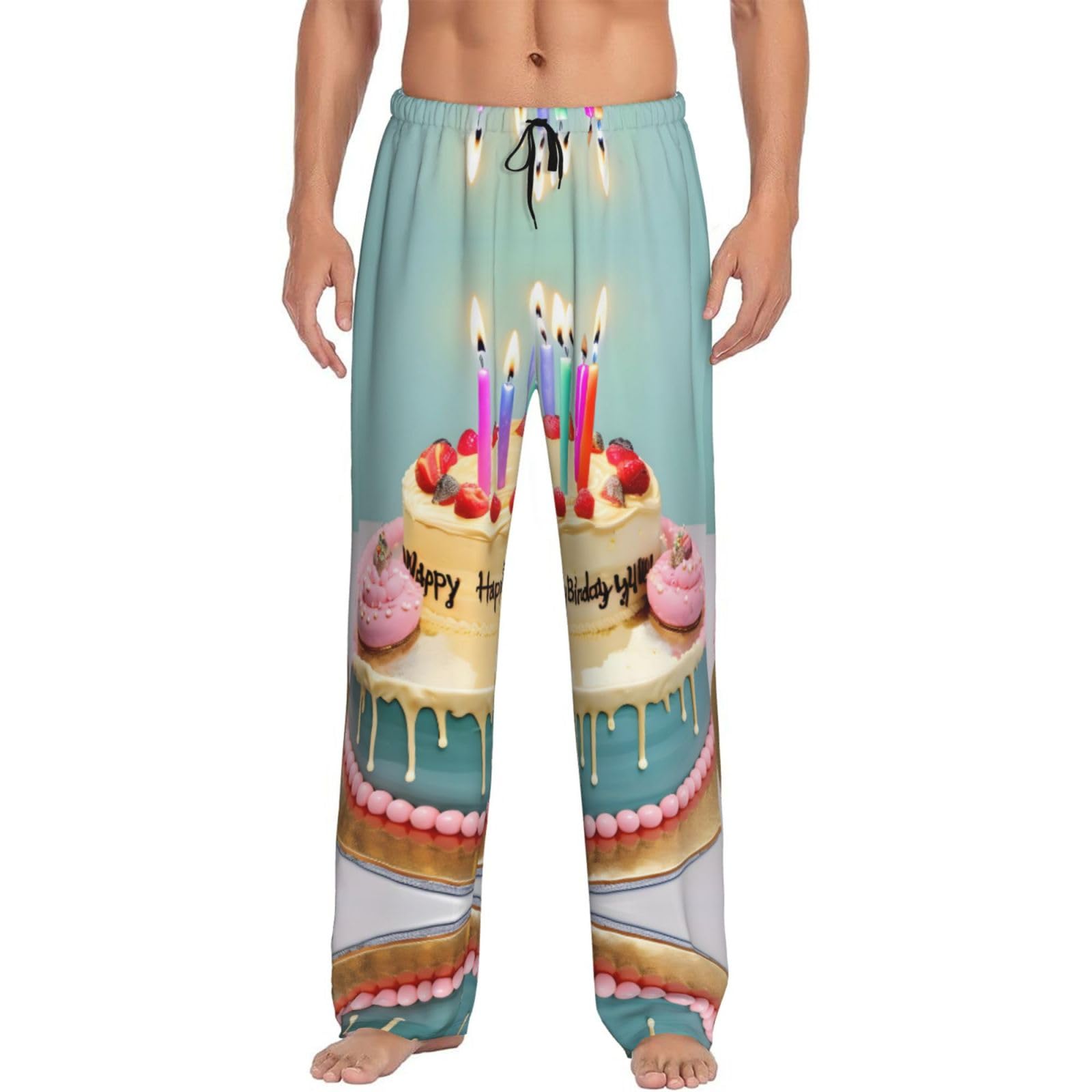 Nbtghga Men's Black Happy Birthday Big Cake Print Pajama Pants Lightweight Lounge Sleep Bottoms With Pockets Drawstring