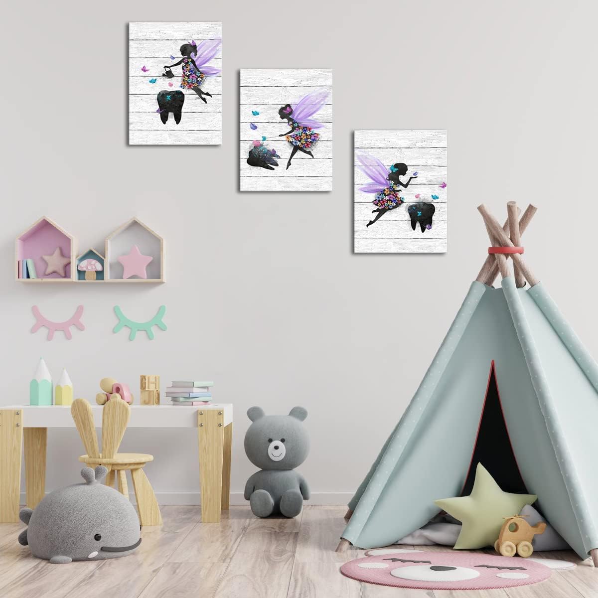 Apicoture Tooth Fairy Wall Decor - Kids Bathroom Wall Art Painting Prints For Little Girls Bathroom Picture Nursery Bedroom Dental Office Wall Framed 12in X 16in X 3panels