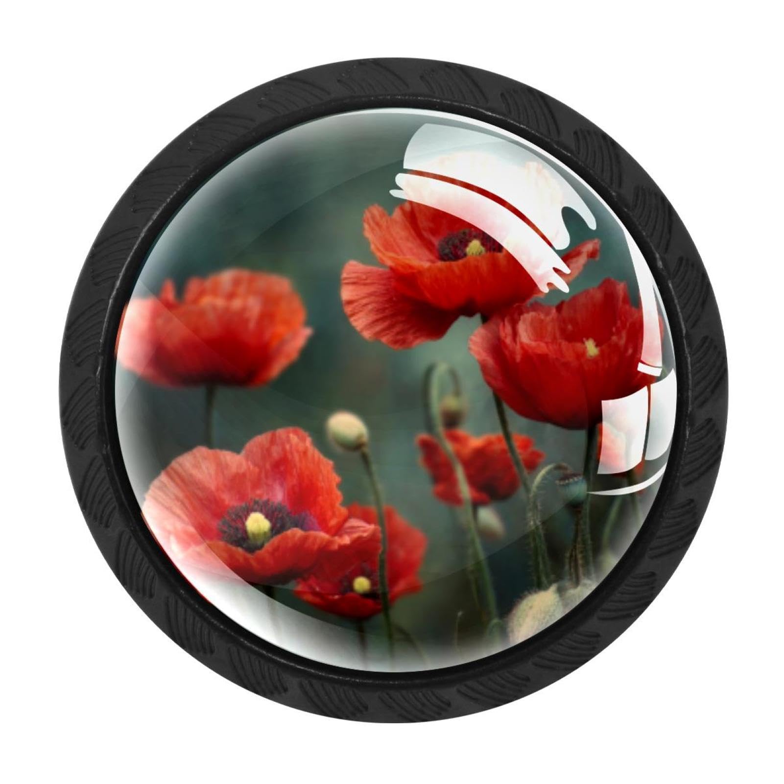 CHENZZZZ 4 Pack Red Poppy Flowers (1) Drawer Knobs Cabinet Knobs Crystal Glass Knobs Pulls Handles for Kitchen Cabinet Hardware Cupboard Door Dresser Wardrobe Home Decor