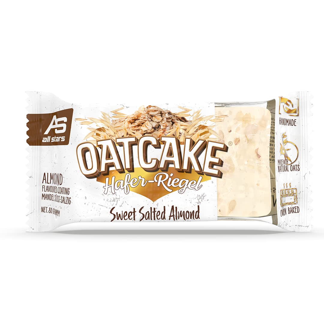 Barretta d’avena All Stars Oatcake I 12 barrette proteiche da 80 g ciascuna I Contiene molti carboidrati e fibre I Spuntino energetico ideale dal delizioso gusto mandorla dolce salata