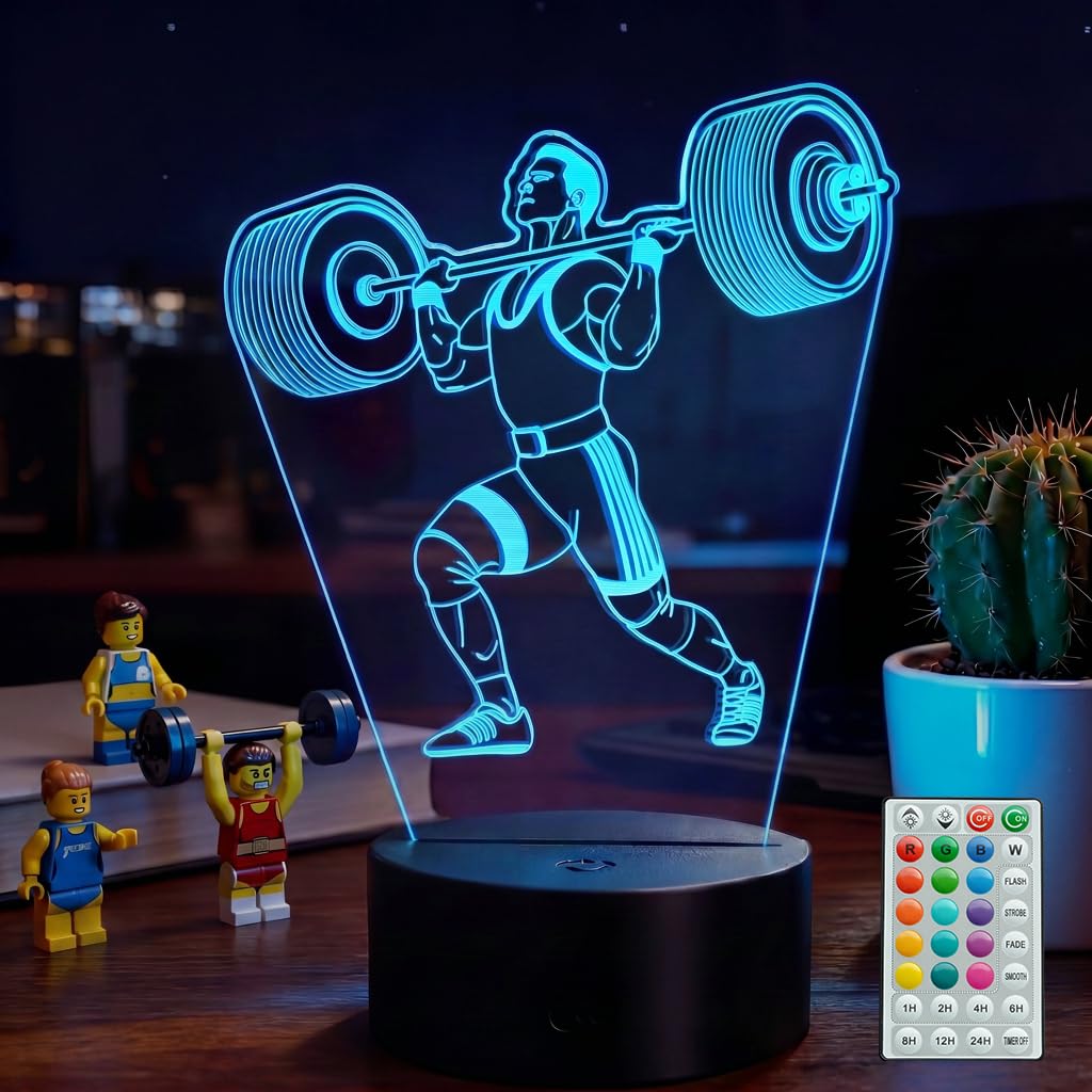 Weightlifting Night Light, Weightlifting Gifts for Boy, Gym 3D Night Light with Remote Control, 16 Colors Changing, RGB Flashing Mode and Dimmable, Gifts for Boys Christmas Decor
