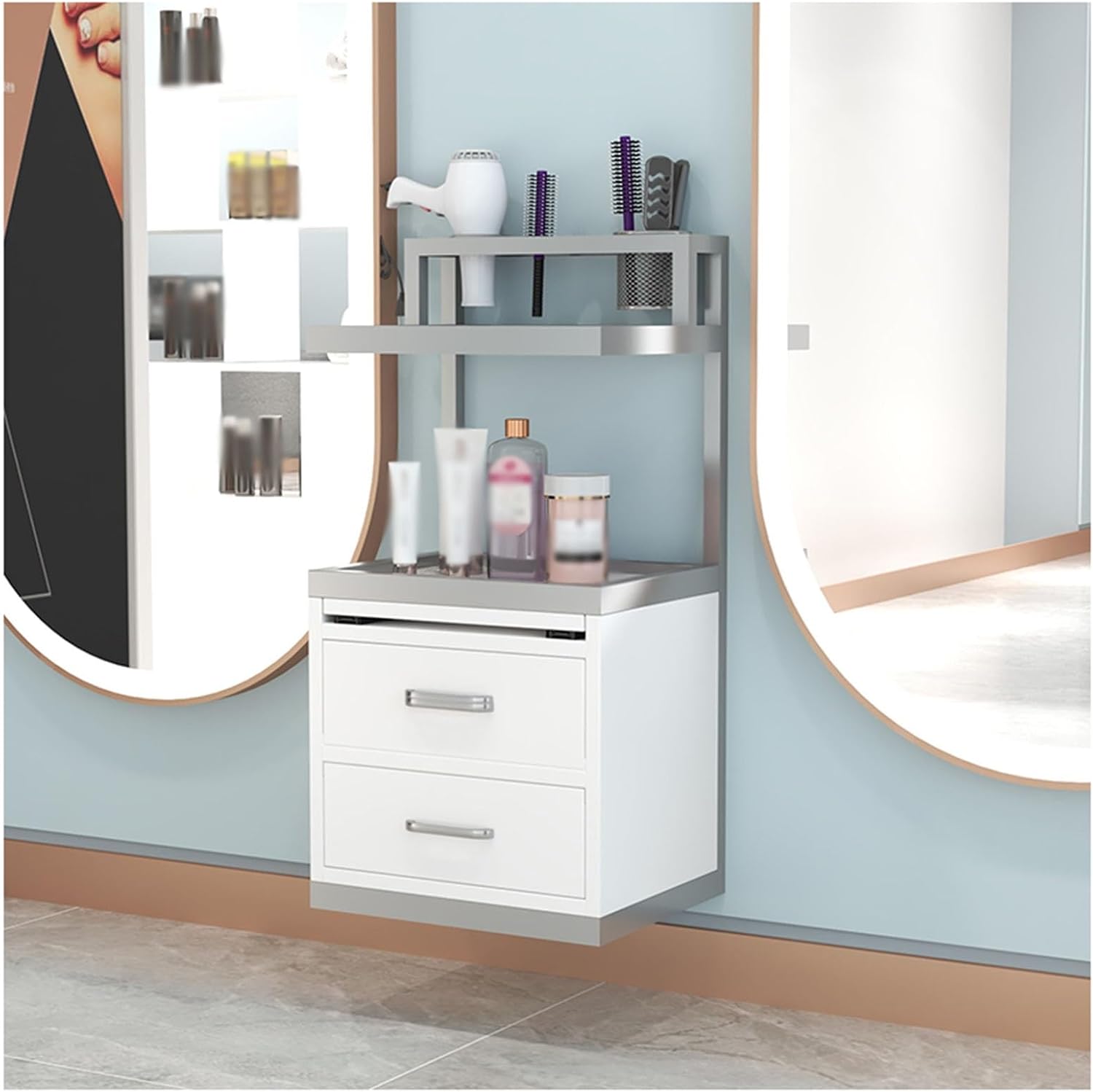 Single/Double Drawer Optional Beauty Salon Storage Cabinet Wall Mounted Beauty Salon Trolleys Barber Desk Hair Stylist Storage Cabinet Iron Storage Shelf(Black,37x30x75cm)