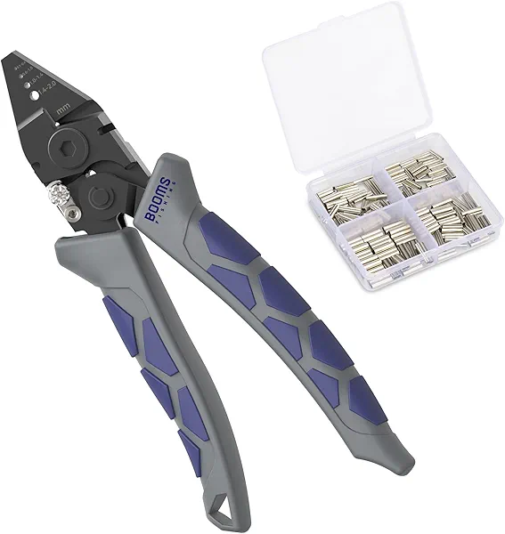 Booms Fishing CP4 Wire Crimping Tool with Cutter, Effort-Saving Fishing Crimping Pliers, High Carbon Steel Fishing Plier Wire Rope Leader Crimper Tool, 7 inch Crimpers Swager with Ergonomic Handle