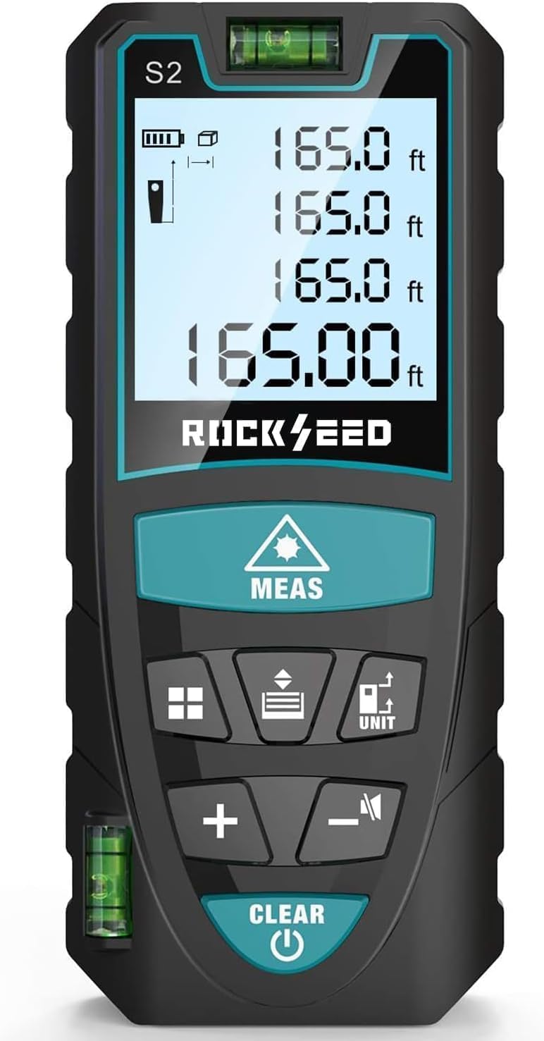 RockSeed 165ft Laser Measure: ±1/16" Accuracy, 2 Bubble Levels, Backlit LCD, Area/Volume/Pythagorean Modes