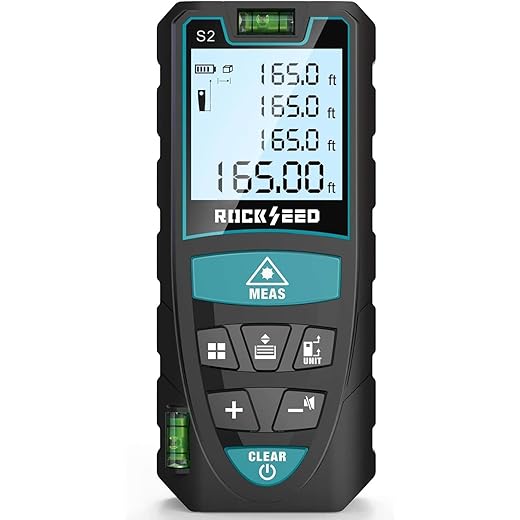 Laser Measure, RockSeed 165 Feet Digital Laser Distance Meter with 2 Bubble Levels,M/in/Ft Unit Switching Backlit LCD and Pythagorean Mode, Measure Distance, Area and Volume (165 Feet)