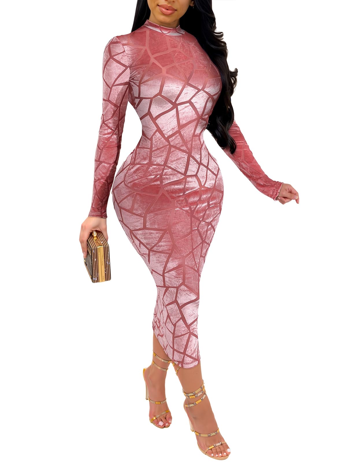 Uni Clau Robe midi moulante sexy en maille transparente pour femme avec imprimé transparent à manches longues