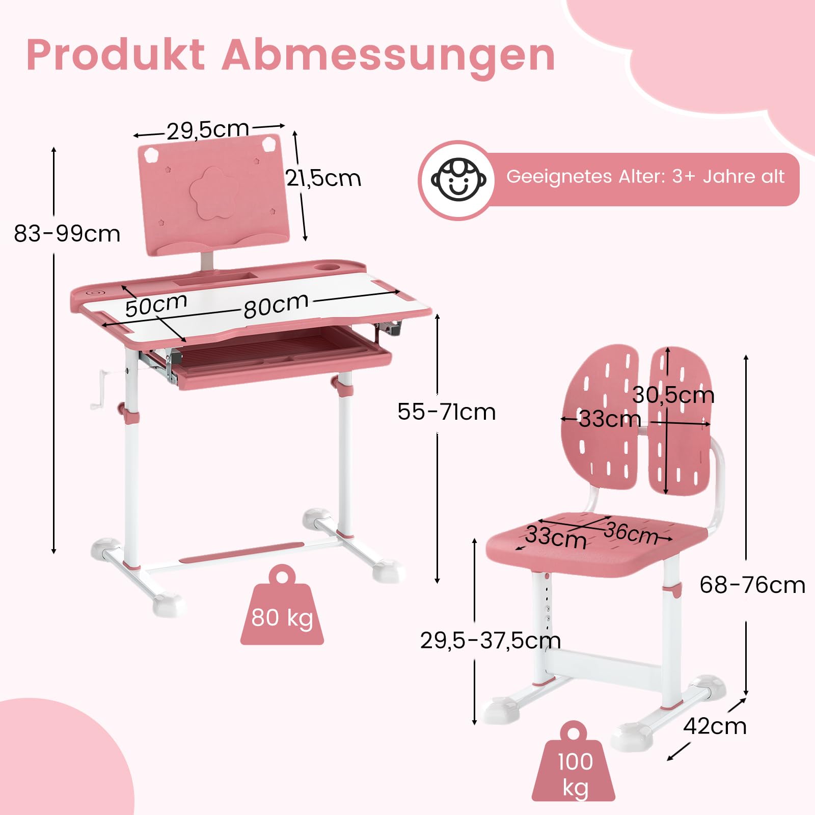 COSTWAY Schreibtisch Kinder mit Stuhl, Kinderschreibtisch höhenverstellbar mit neigbarer Tischplatte, Jugendschreibtisch mit Schublade & Buchständer für Jungen & Mädchen ab 3 Jahren (Rosa)