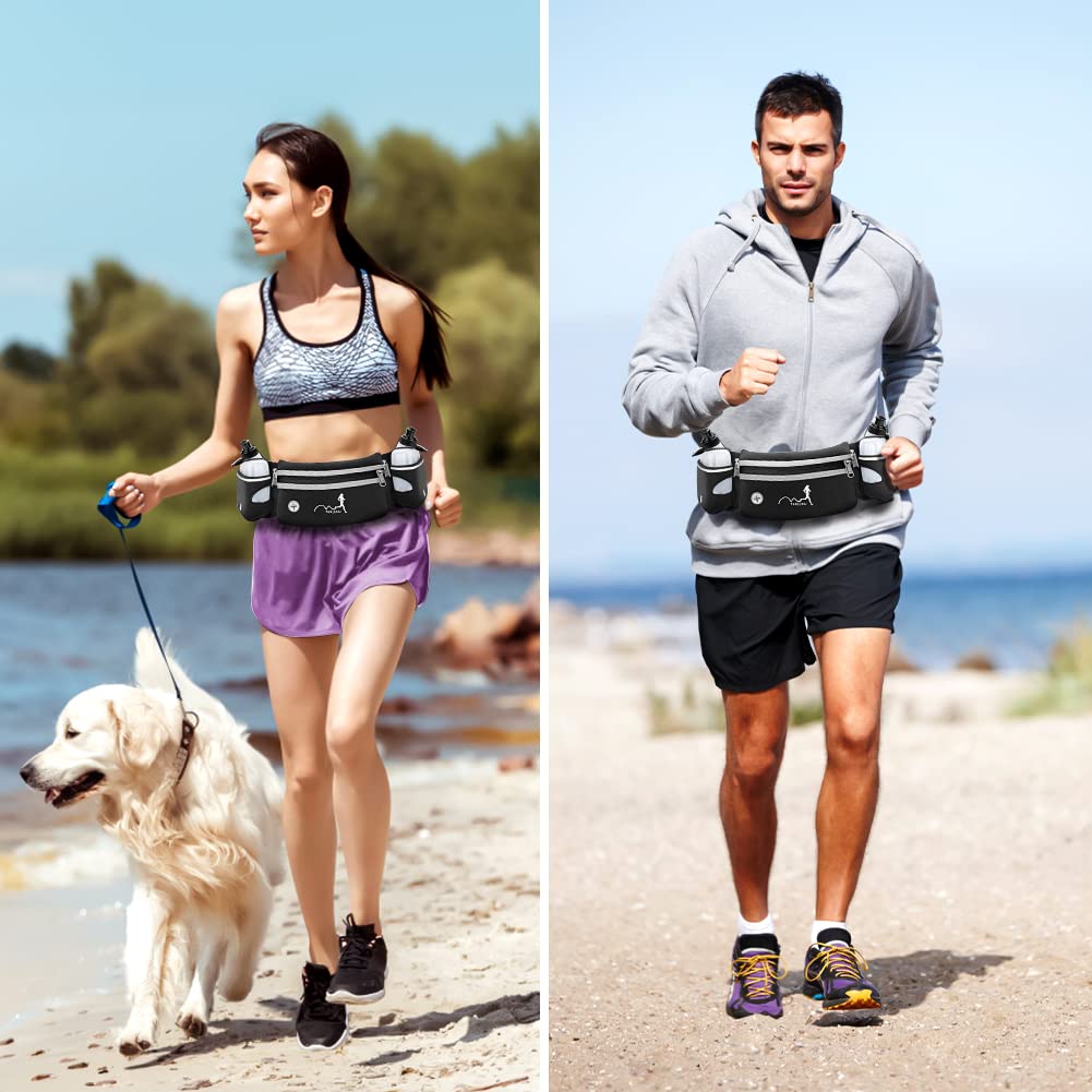 Marsupio Sportivo Running con borraccia (2 x 300 ML), Cinture di idratazione Marsupio Running Impermeabile con Cintura Regolabile e Foro per Auricolari per Maratona Corsa Escursionismo (Nero)