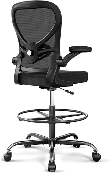 Alolo Drafting Chair,Big and Tall Office Chair with Footrest Ring,Ergonomic Chair for Counter Height and Standing Desk Comfy with Lumbar Support and Flip-up Armrests in Heavy Rolling Base,Black