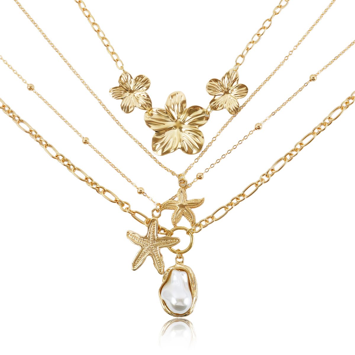 Shell Necklace for Women,Gold Seashell Pendant Necklaces Layered Pearl Starfish Necklace Chains Beach Jewelry Gift Item for Women-image-46