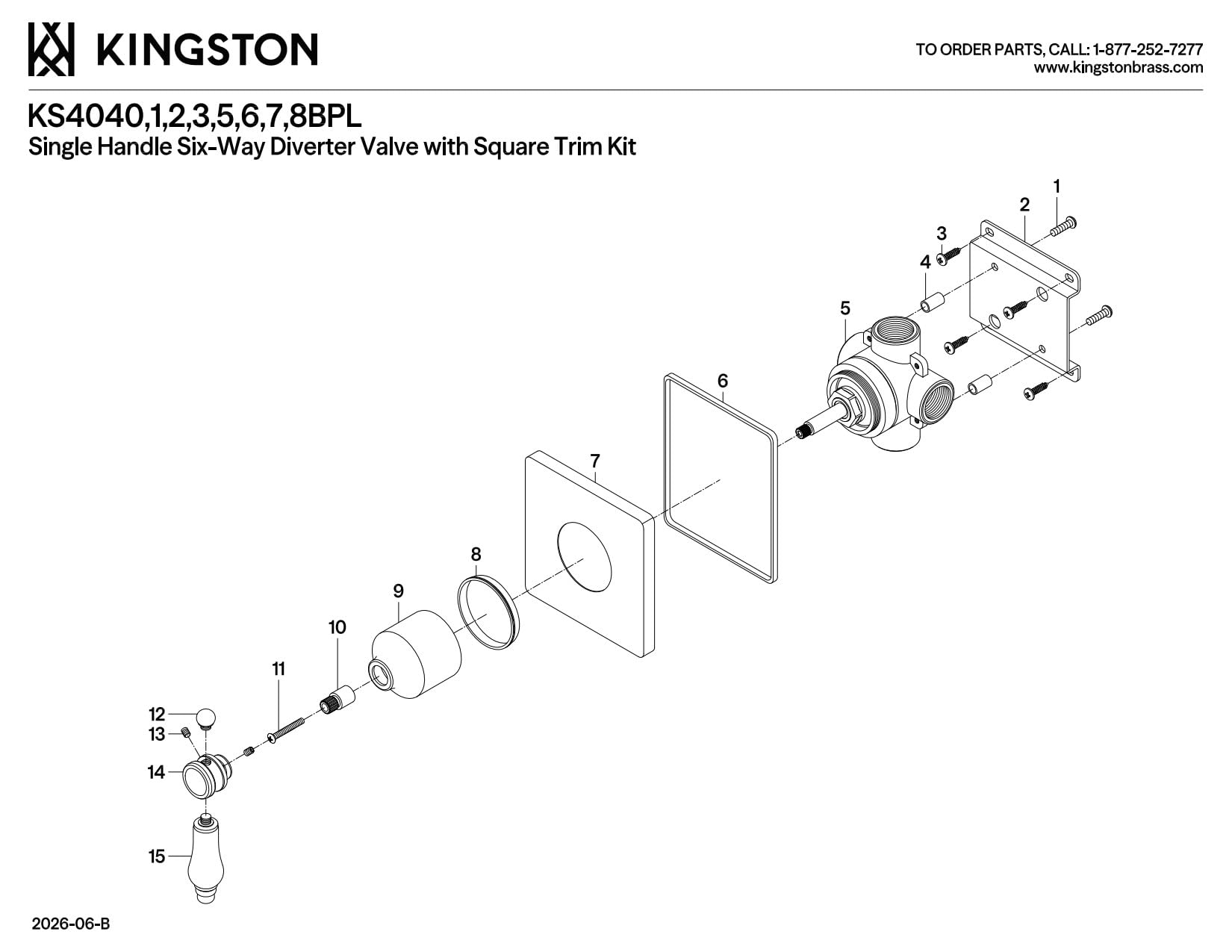Kingston Brass KS4047BPL Bel-Air - Válvula desviadora de seis vías con kit de molduras, latón cepillado