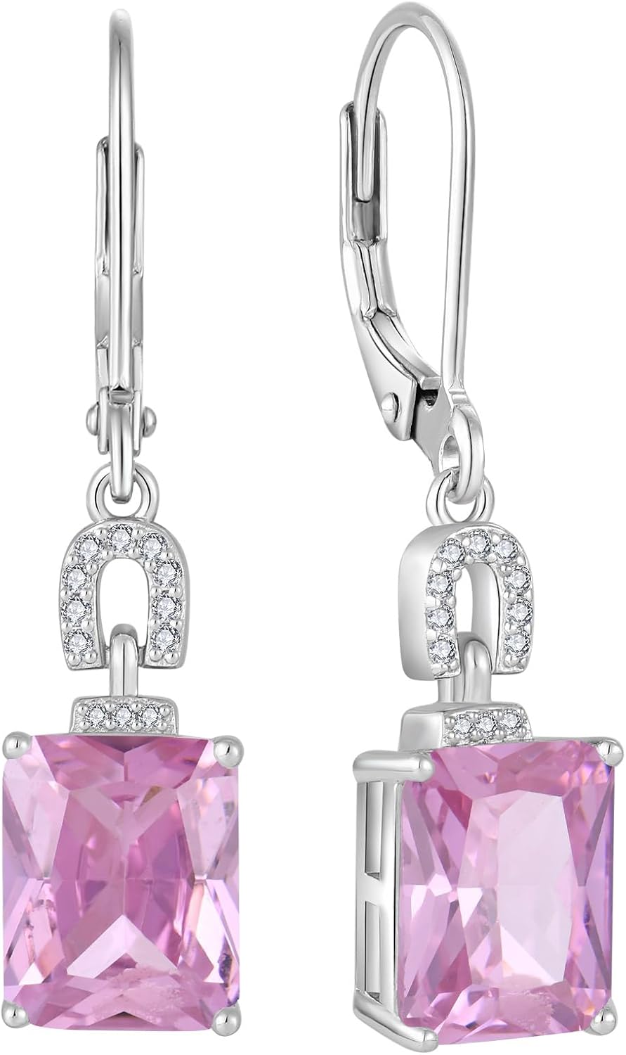 Emerald Cut Earrings 925 Sterling Silver Baguette Birthstone Dangle Drop Leverback Earrings Jewelry Gifts for Women