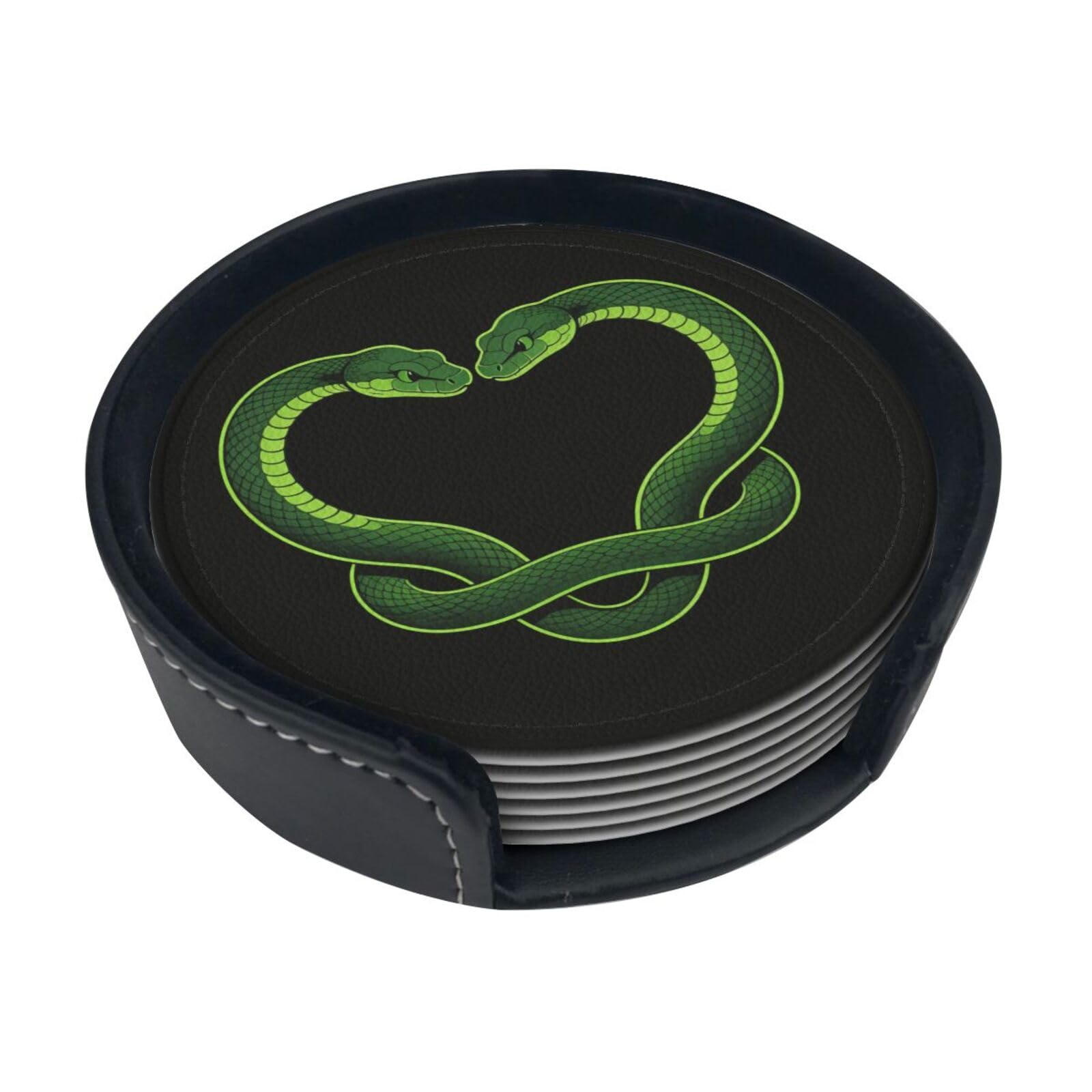 Cntdbu White Snake Heart Leather Coasters Set Of 6-Pu Leather Drink Mats For Table, Heat Resistant Round Coasters With Holder