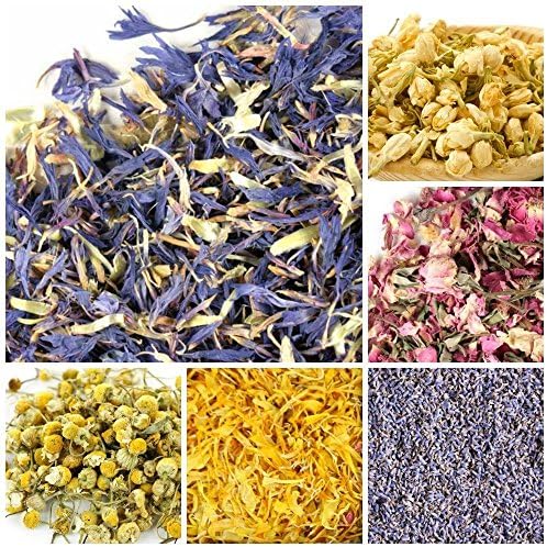 Edible Flowers for Drinks and Food, Bulk Edible Dried Flowers for Soap Making and More! 1.5 Cups Each- Jasmine, Rosebuds, Rose Petals, Lavender, Marigold, Chamomile, Bonus Rose Essential Oil, Kosher