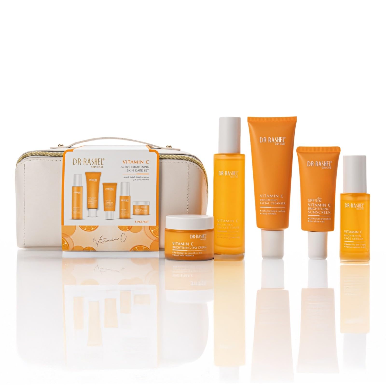 Vitamin C Gesichtspflege Set 5-teilig - Anti-Falten Hautpflege mit Serum, Tagescreme, Nachtcreme, Reinigungsgel, Toner + SPF 50 Sonnenschutz - Anti-Aging, Hautpflege, Skincare Set, Geschenkset Damen