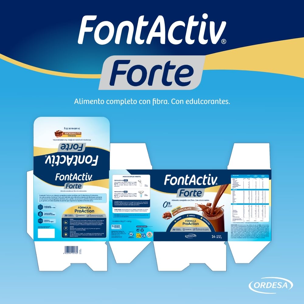 FontActiv Forte ProAction Chocolate | 14 Sobres | Suplemento Nutricional con Fibra para Adultos - 0% Azúcares añadidos
