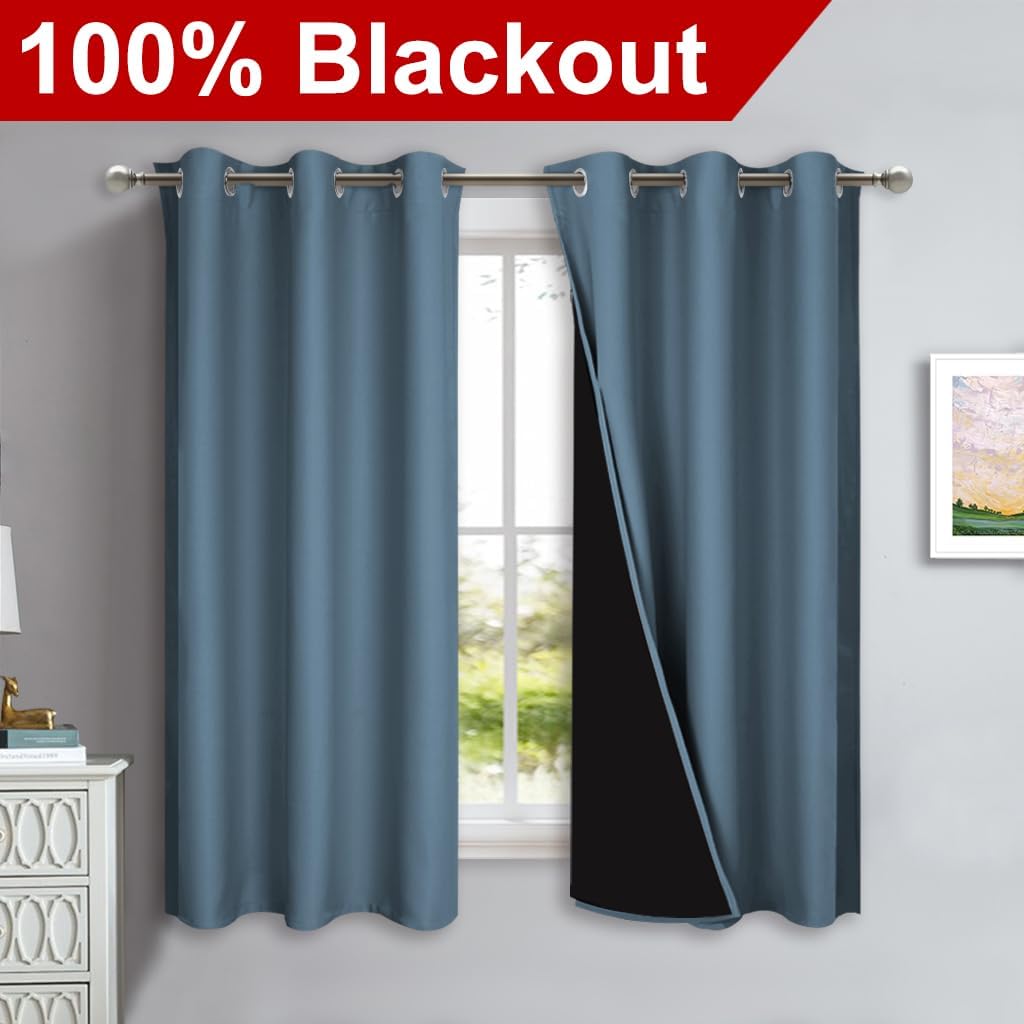 NICETOWN 100% Blackout Short Curtains with Black Liners, 2 Panels, 37" W by 40" L, Smoky Blue, Solid Thermal Insulated Full Blackout 2-Layer Lined Drapes, Energy Efficiency Window Drapes for Bedroom thumbnail
