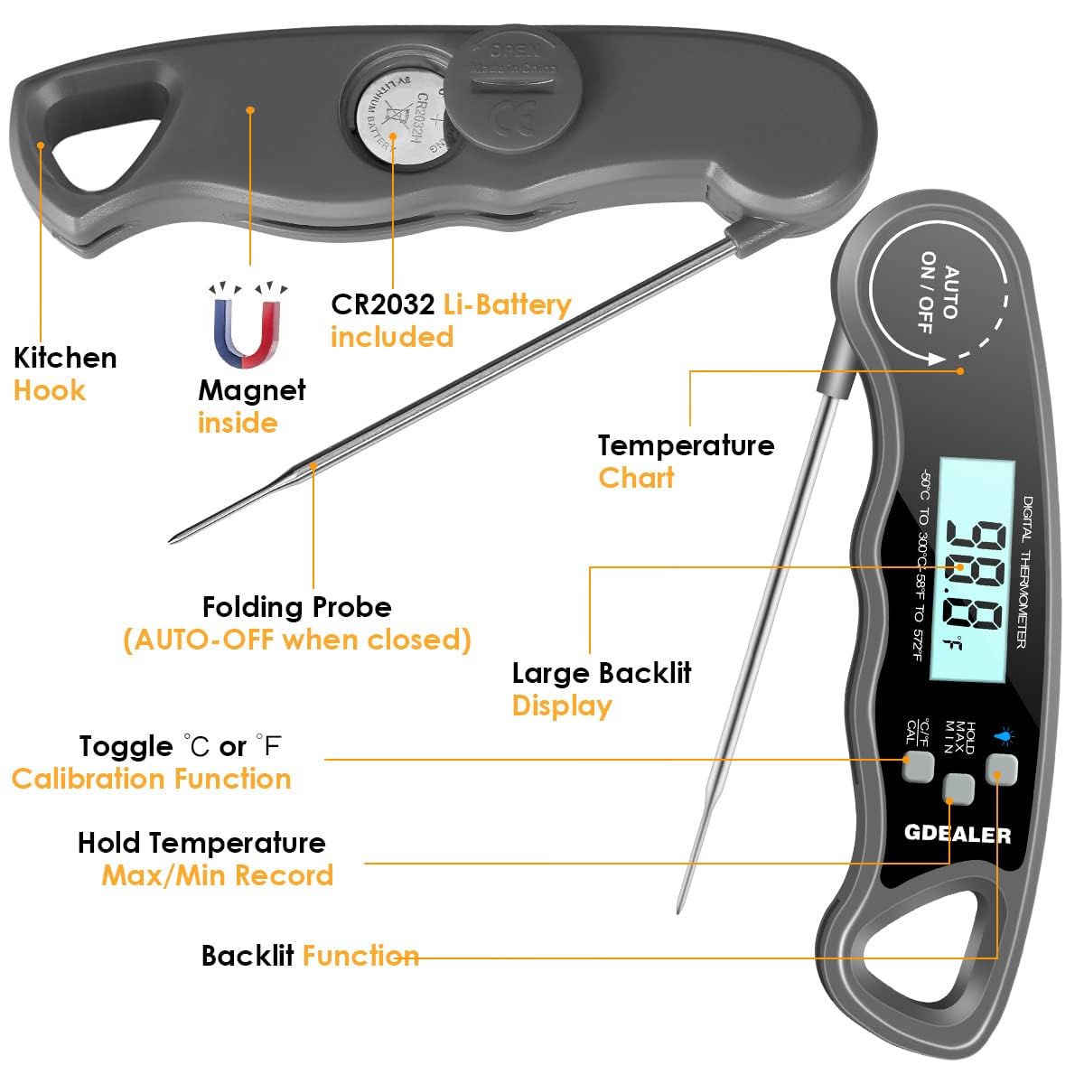 GDEALER DT09 Termometro digitale impermeabile a lettura istantanea per carne, ultra veloce, con sonda pieghevole da 11,7 cm, funzione di calibrazione per cucinare, caramelle, barbecue, fumatori