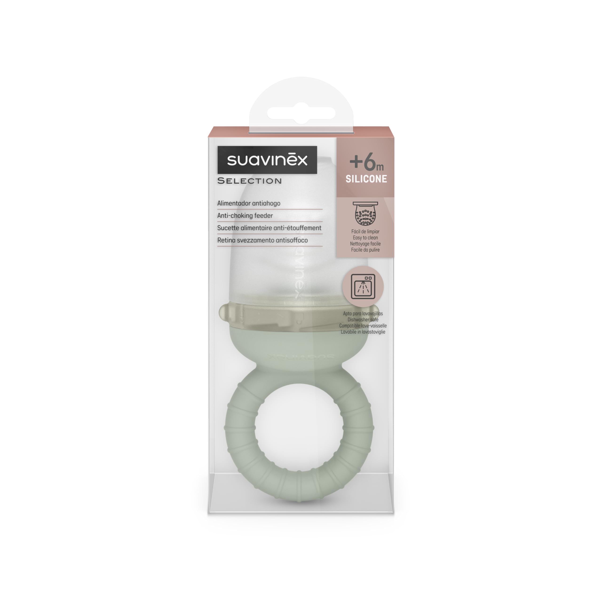 Suavinex, Chupete Fruta Bebé, Alimentador Antiahogo de Silicona Grado Alimentario, con Tapa, Fácil de Limpiar, Apto Lavavajillas, Apto Congelador, Alivia las Encías, Ideal BLW, +6 Meses, Verde