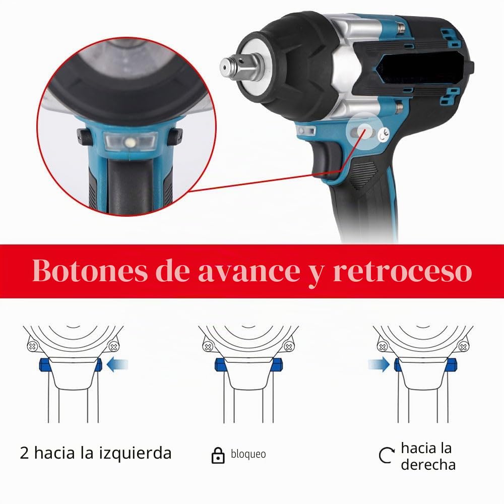 1200N.M - Llave de impacto inalámbrica de 1/2 pulgadas, compatible con Makita 18 V, llave de impacto multifunción con luz LED, con batería, 7200 rpm, 4 velocidades, para coche y casa (azul)