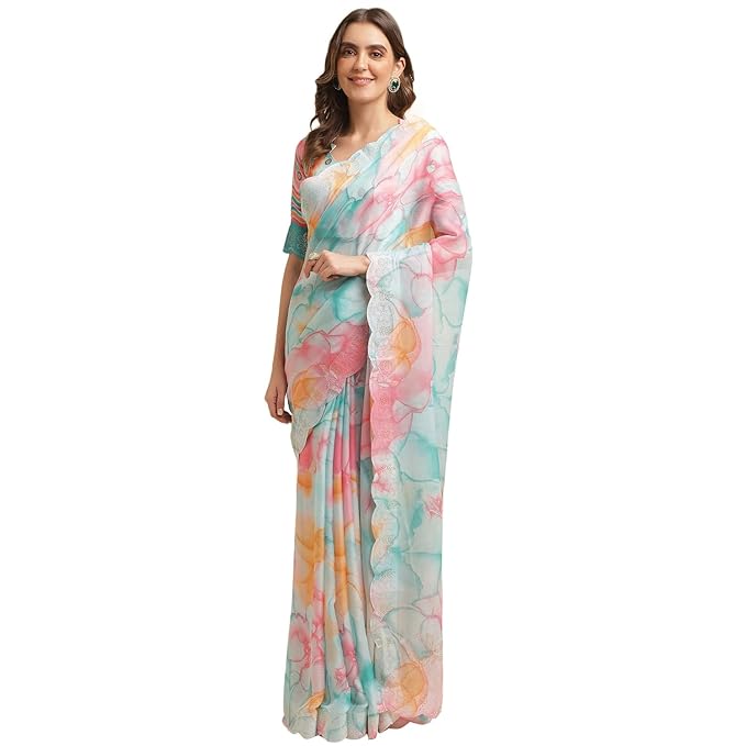 Rekha Maniyar Women’s shibori tie and dye printed chiffon sari with diamond work scalloping and digital printed blouse (MANNAT 1-6) – Multicolour