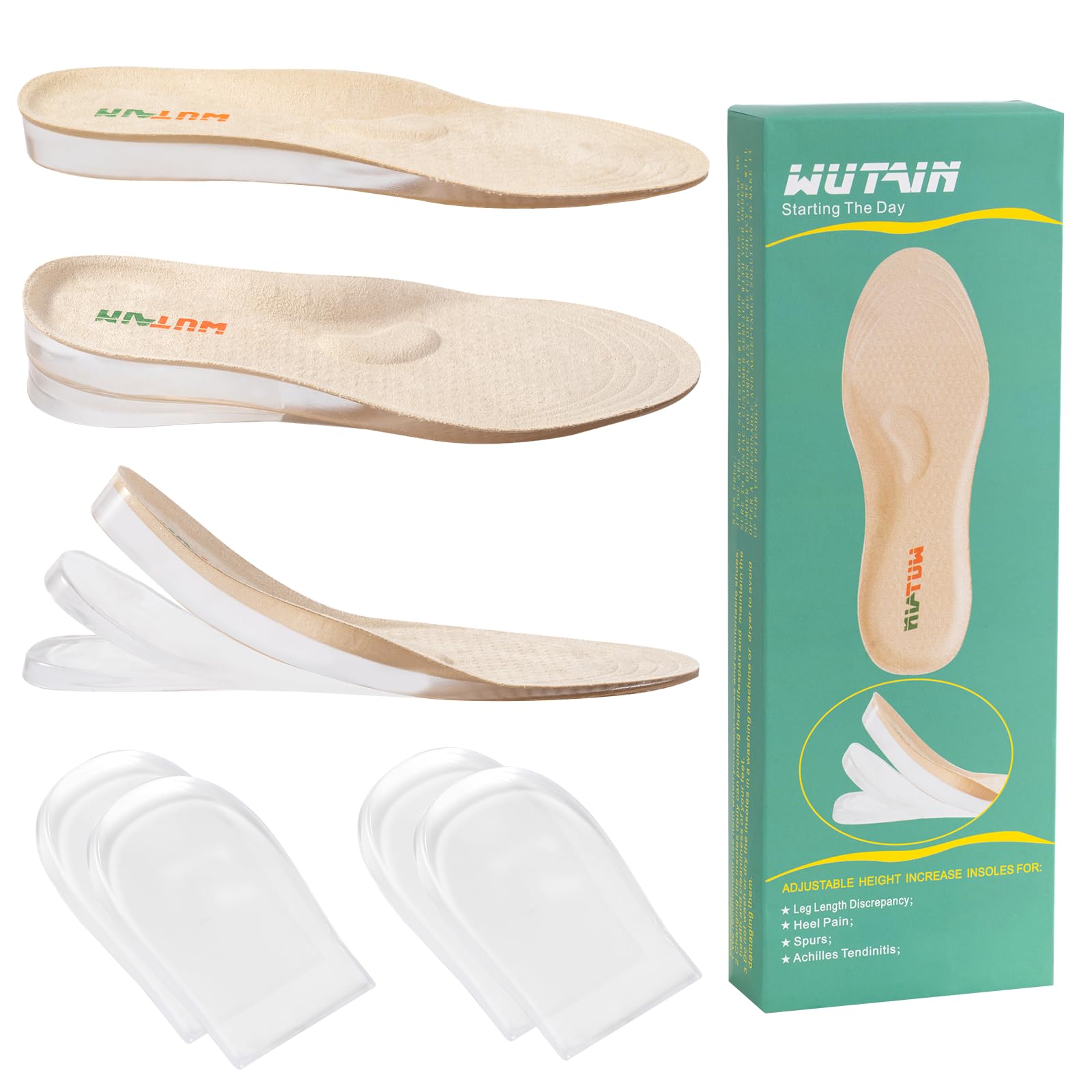 WUTAIN Full Length Gel Height Increase Insoles - Heavy Duty Silicone Shoe Lifts for Leg Length Discrepancy - Trim to Fit Shock Absorption Inserts -