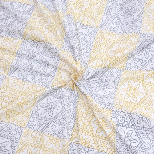 Image of TOAI Hand Block Printed Bedsheet | Bed Sheet Flatsheet | Pure Cotton | Double Bed King Size 108 inchx108 inch | 300 TC Bedsheets | Includes 2 Pillow Covers Jharokha (Yellow, Greyish Blue)