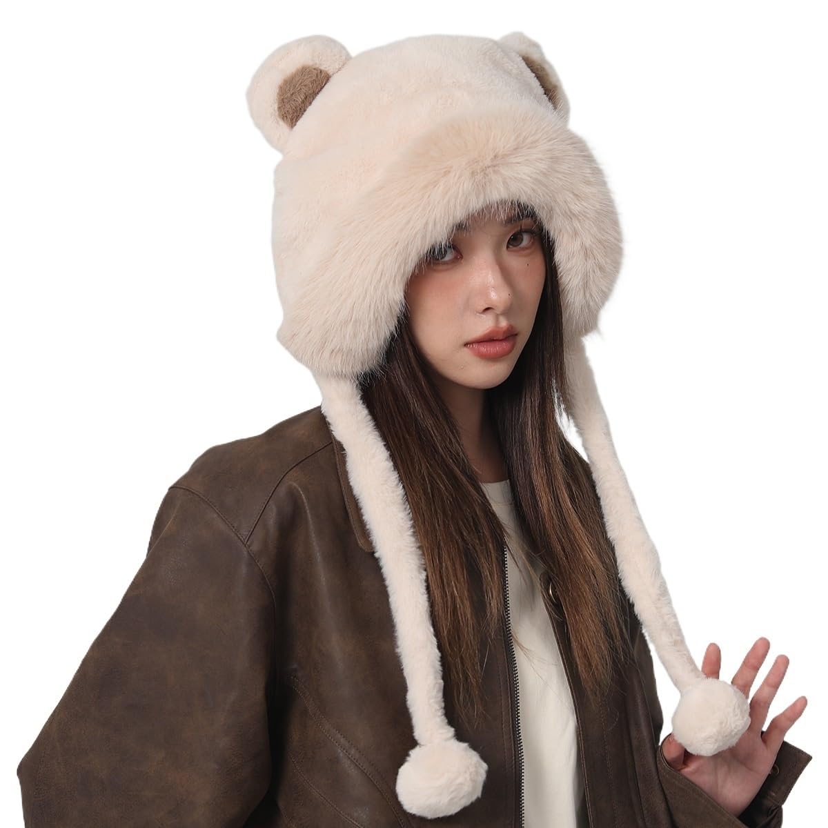 Chapeau d'hiver chaud pour femme bonnet en fausse fourrure de ski à rabat d'oreille beige oreilles