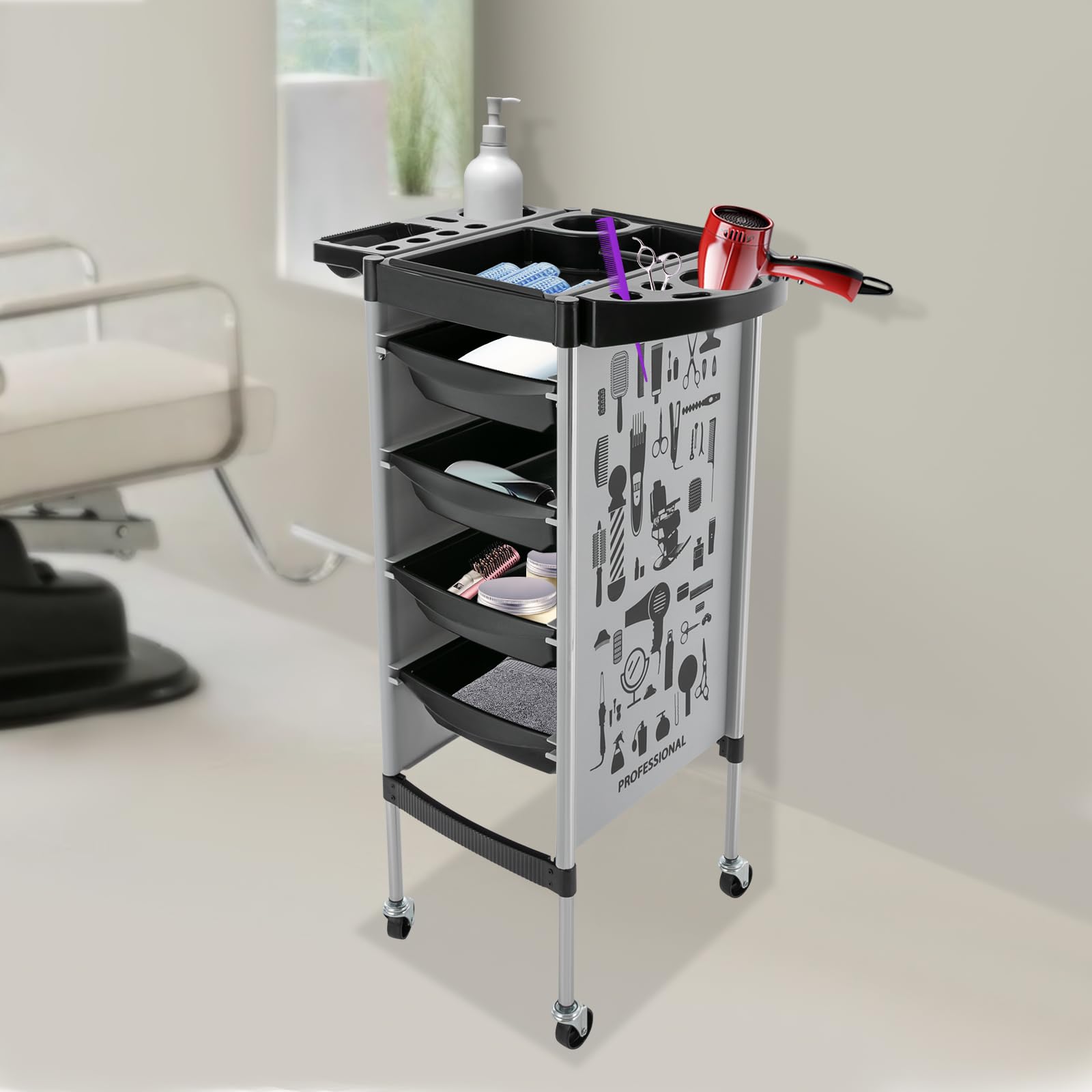 Carrito de peluquería de 5 pisos con cajones | Carrito de salón móvil | Carrito de trabajo para peluquería y salón de belleza | Marco estable de acero inoxidable