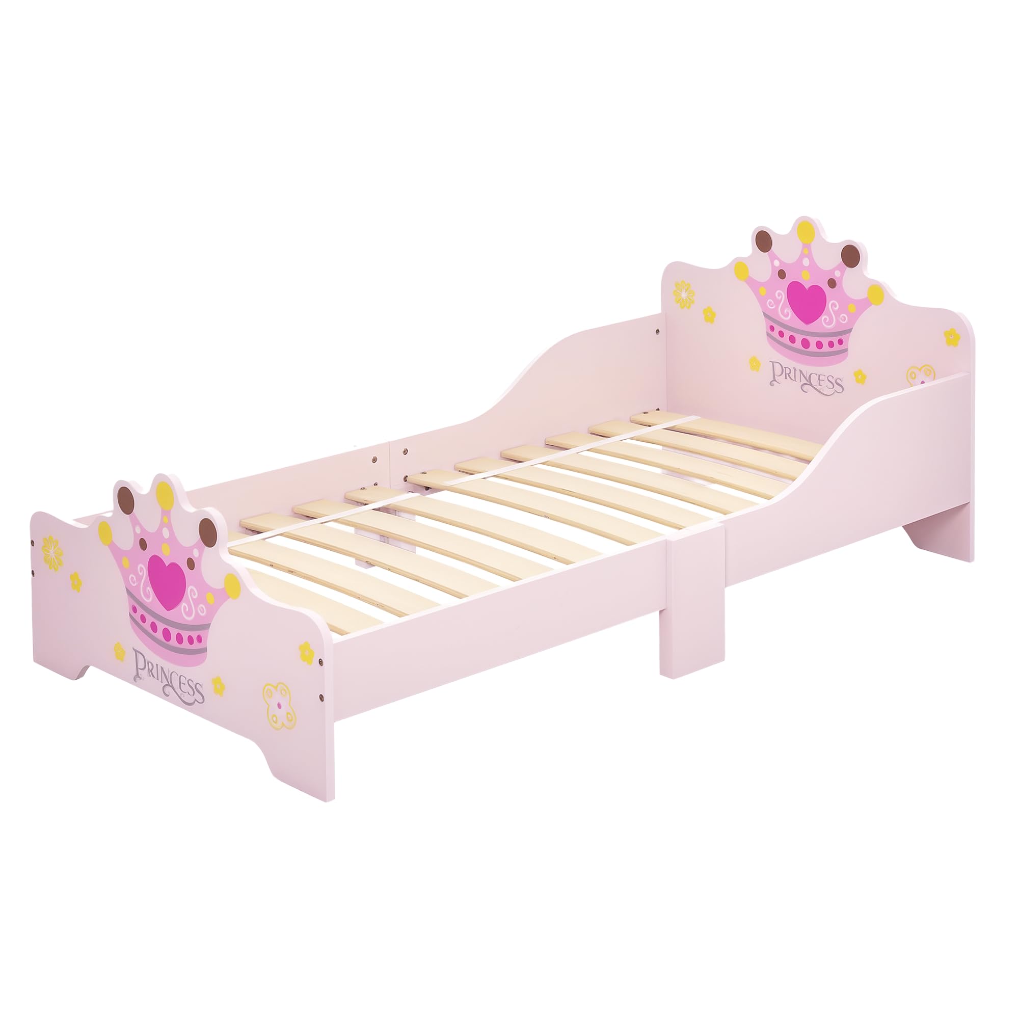 HOMCOM Cama para Niños de +​3 Años 143x73x60 cm Cama Infantil de Madera con Estampado de Corona Carga 50 kg para Dormitorio Rosa