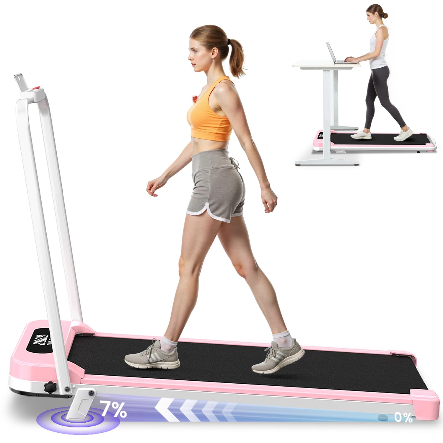 Dskeuzeew Walking Pad treadmill 7% Incline Foldable with Handle Bar, 8KM/H Folding Running Machine Portable Under Desk for Home Office, Compact Mini for Small Spaces, Safety Lock, Remote Control