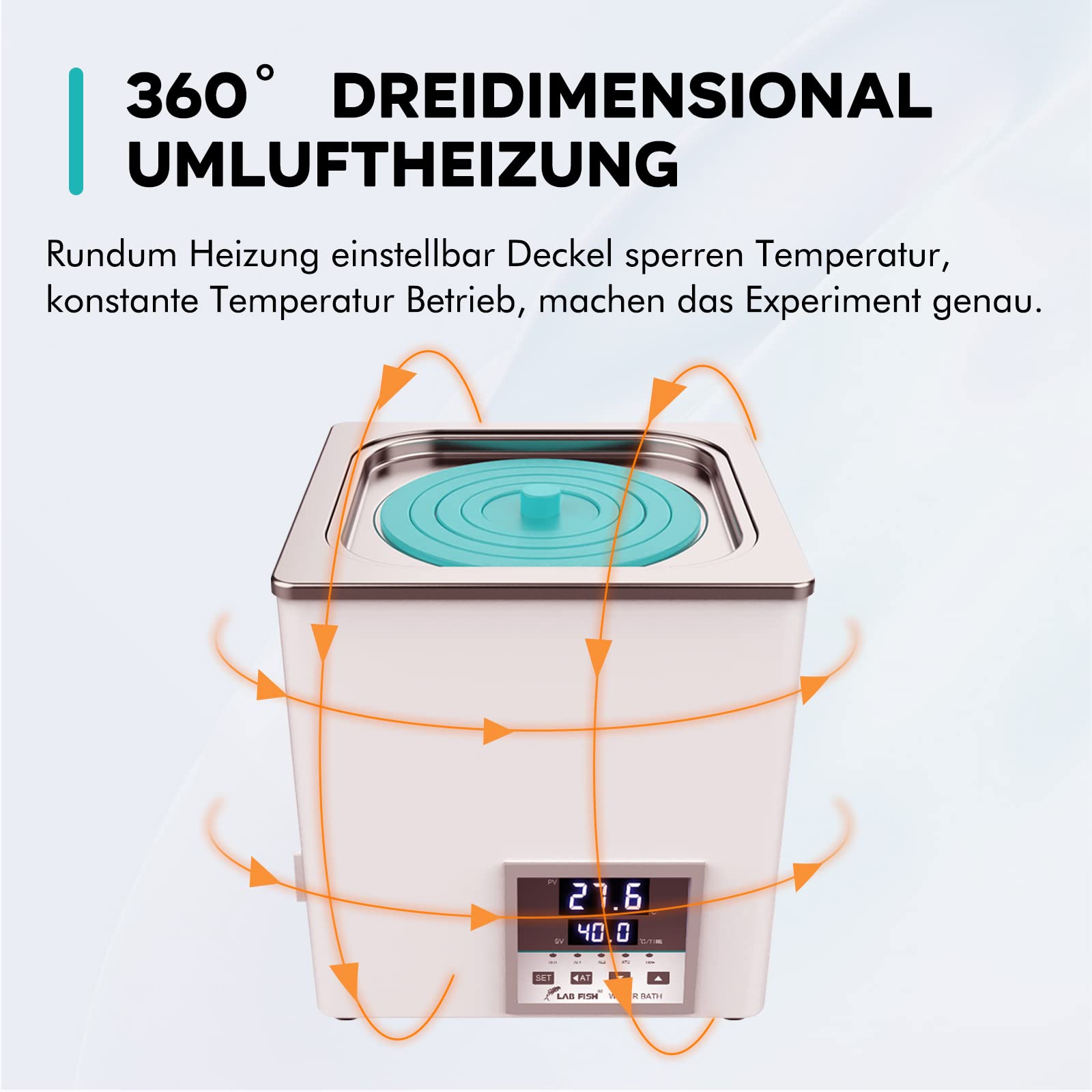 LAB FISH Laborwasserbad 3L, 300W - Einzelbohrung, Edelstahl - Präzisions-Thermostat ±0,1°C - Timer 0-999 Min - LED Display