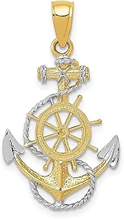 Colar de ouro amarelo 10 k dois tons âncora náutica navio roda marinheiros pingente corda pingente colar à beira-mar joias finas para mulheres presentes para ela, Prata Ouro amarelo