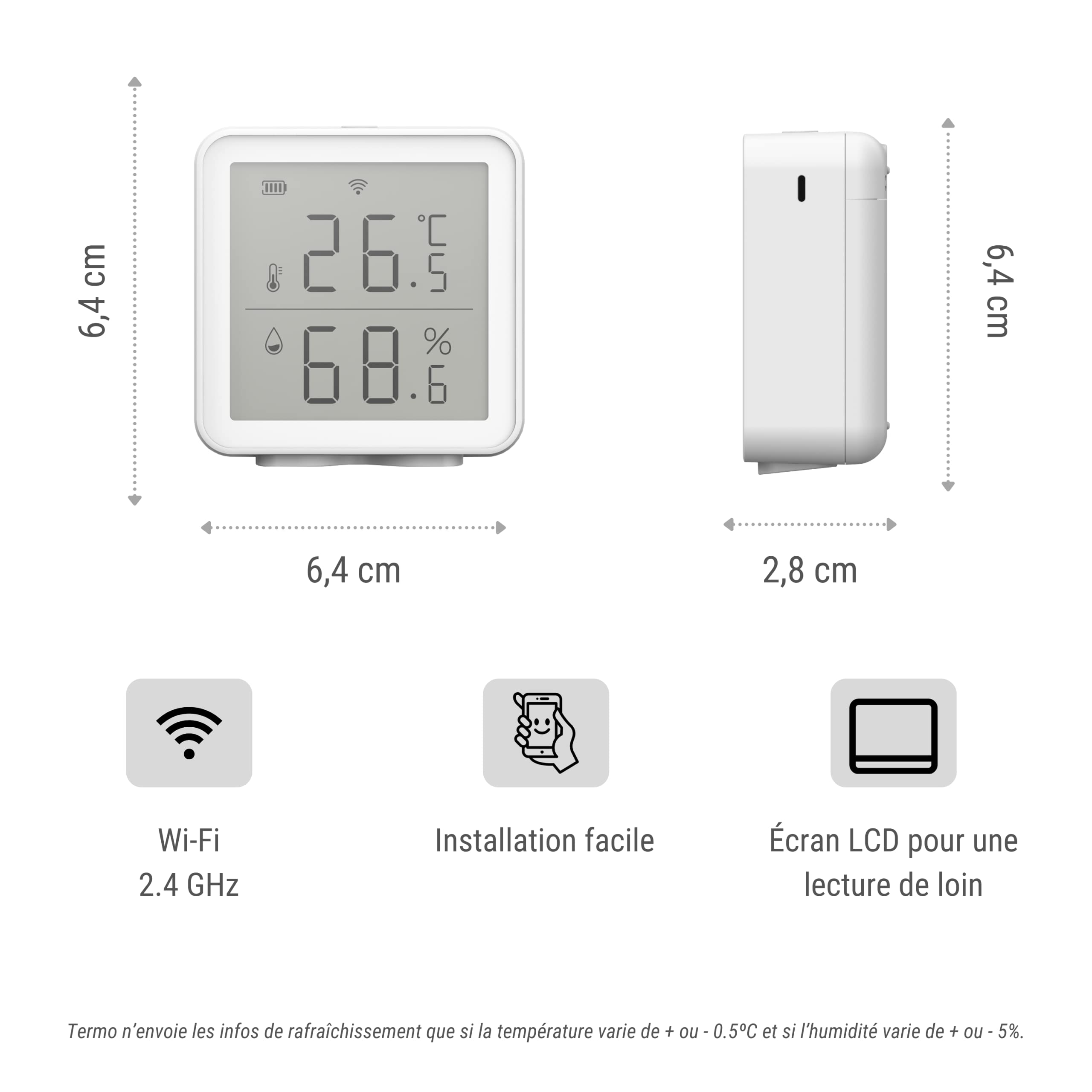 Konyks Termo, Thermomètre Hygromètre connecté Wi-Fi, Lecture à distance, déclenche d'autres appareils Konyks en fonction des mesures, Compatible Alexa et Google Home