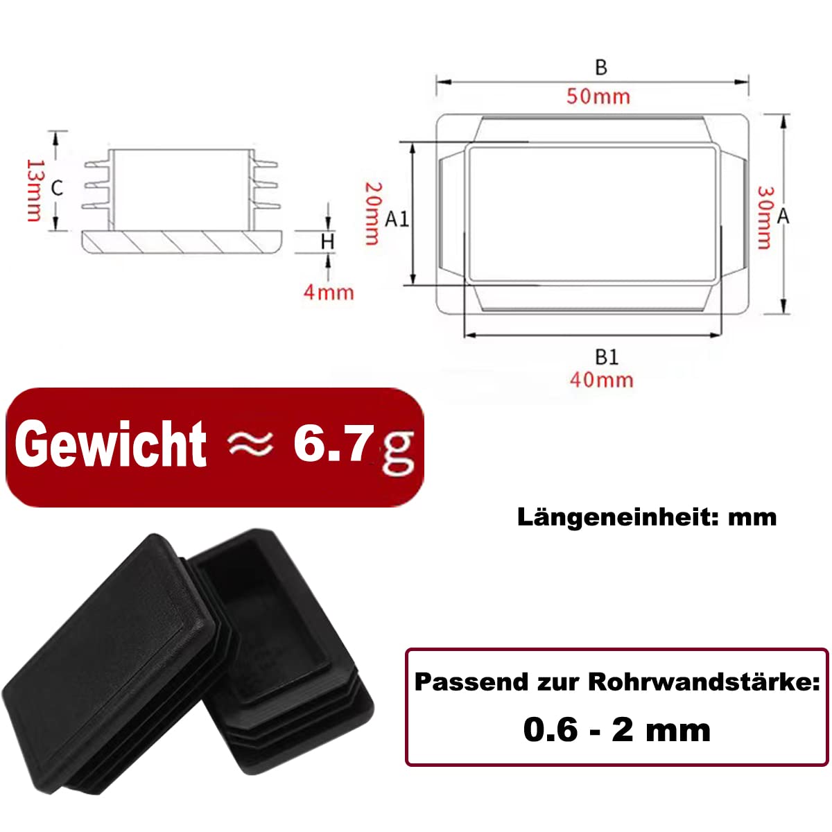 ACNMGDF Lot De 8 Embouts Rectangulaires Noirs Pour Tubes En Métal
