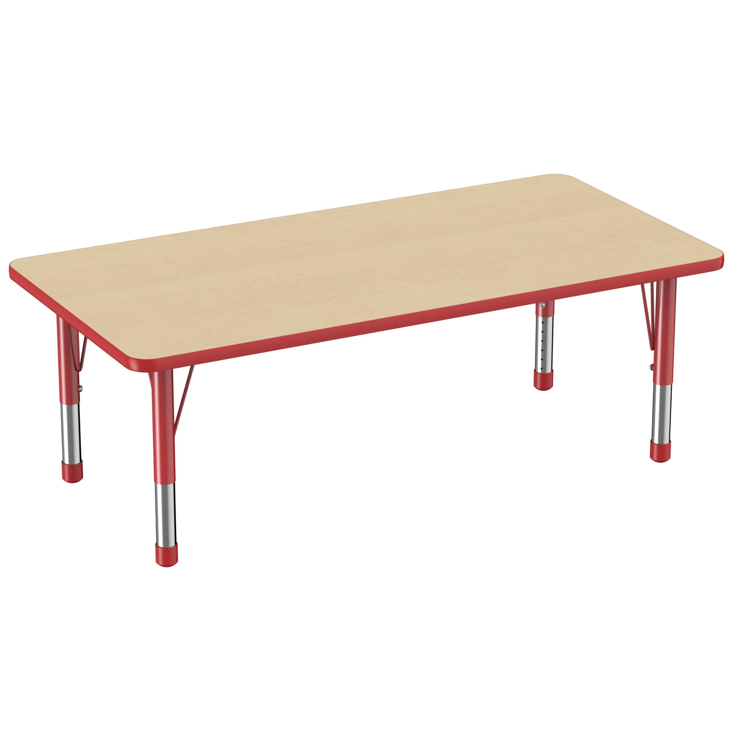 FDP Rectangle Activity School and Classroom Kids Table (30 x 60 inch), Toddler Legs, Adjustable Height 15-24 inches - Maple Top and Red Edge