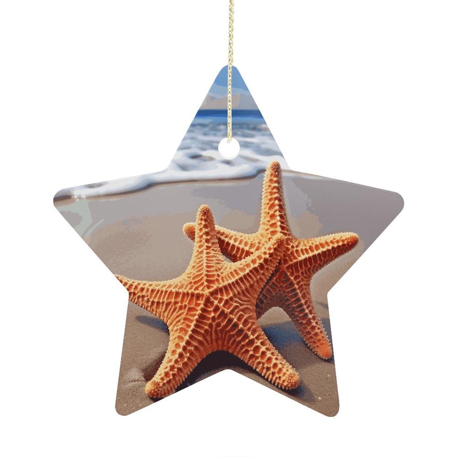 Starfish on The Beach Stars Ornaments Ceramic Christmas Tree Hanging Light in Weight Christmas Star Pendants Funny Double-Sided Printed Xmas Ornaments for Gifts
