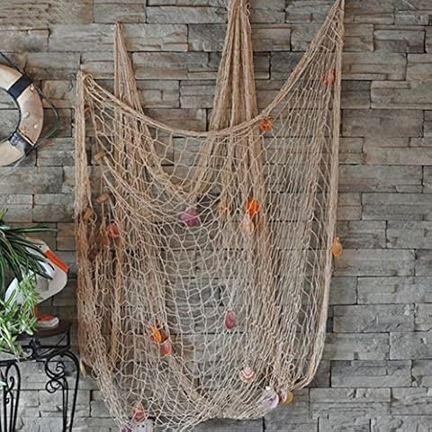 MOOUK Decorative Fishing Net Nautical Seaside Ocean Netting with Shell Mediterranean Style for Pirate/Sea/Beach Theme Party Wall Hanging Decor (Beige) Cover